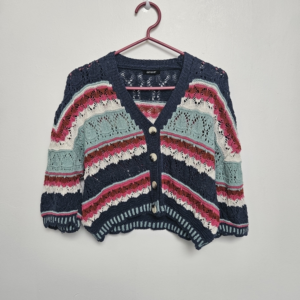 Vintage Hand Crochet Sz M Colorful Striped Open Cropped Cardigan Sweater